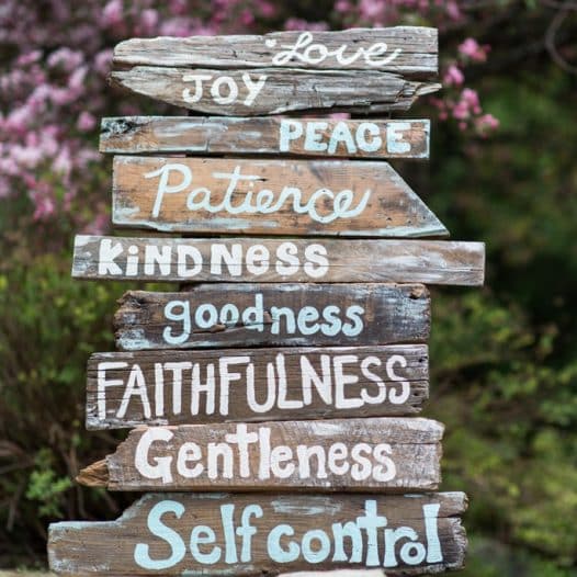 Weathered wooden signs spell out virtues: Love, Joy, Peace, Patience, Kindness, Goodness, Faithfulness, Gentleness, Self-Control.