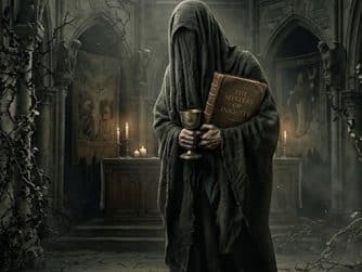 Hooded figure in a ruined church holds a chalice and a book titled 'The Mystery of Iniquity' by candlelight.