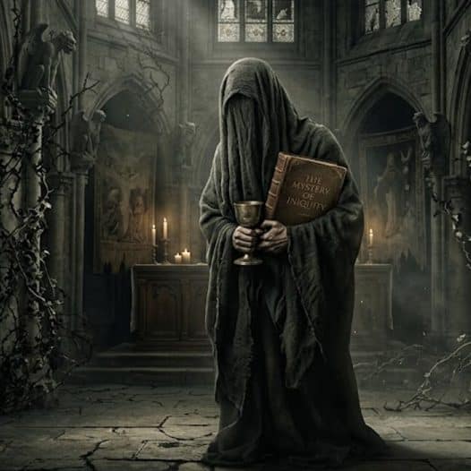 Hooded figure in a ruined church holds a chalice and a book titled 'The Mystery of Iniquity' by candlelight.