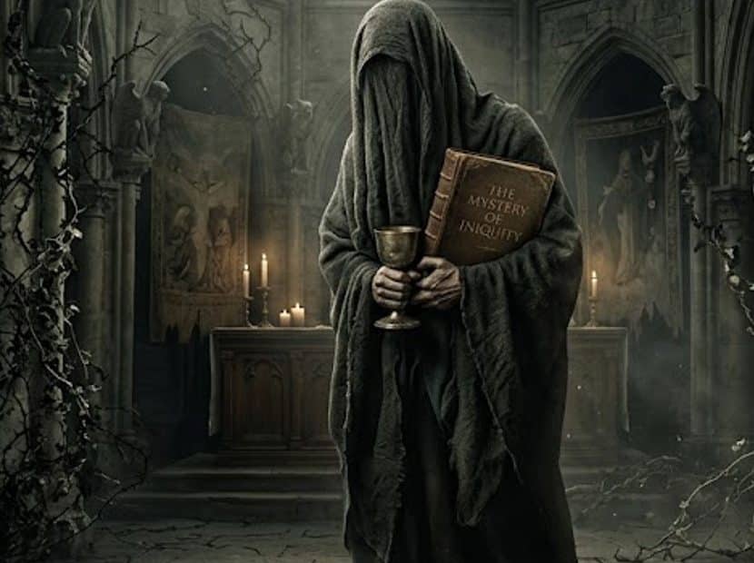 Hooded figure in a ruined church holds a chalice and a book titled 'The Mystery of Iniquity' by candlelight.