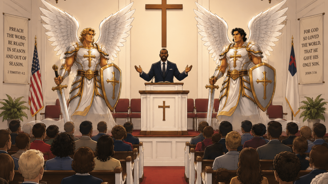 A man in a suit preaches from a pulpit in a church, flanked by two armored angels with swords and shields, a large cross behind.