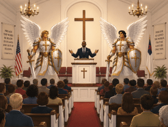 A man in a suit preaches from a pulpit in a church, flanked by two armored angels with swords and shields, a large cross behind.