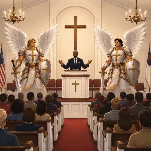 A man in a suit preaches from a pulpit in a church, flanked by two armored angels with swords and shields, a large cross behind.