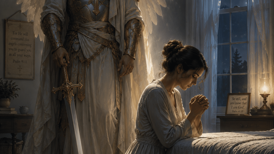 A powerful godly warrior angel watches over a believer in prayer