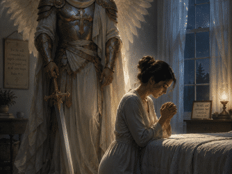A powerful godly warrior angel watches over a believer in prayer