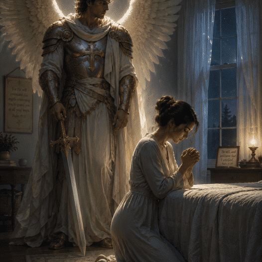 A powerful godly warrior angel watches over a believer in prayer