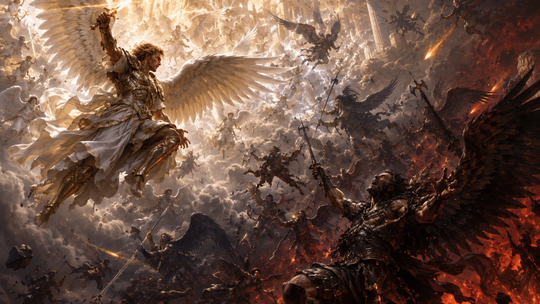 Angelic warrior with glowing sword flies above a massive battle of winged beings amid ruins, fire, and lightning.
