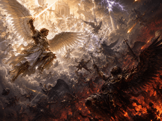 Angelic warrior with glowing sword flies above a massive battle of winged beings amid ruins, fire, and lightning.