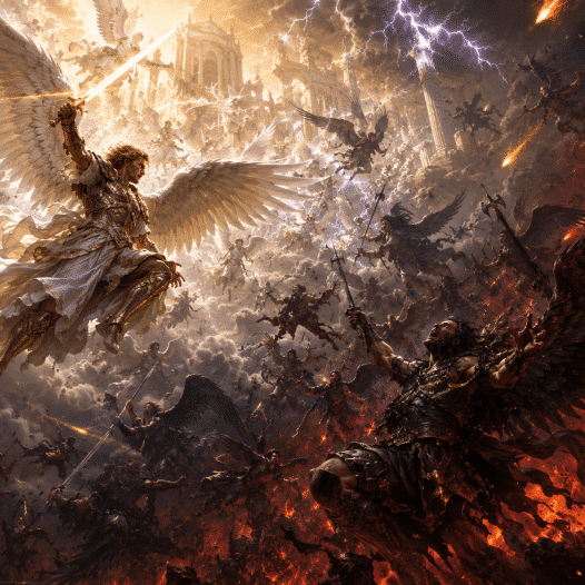 Angelic warrior with glowing sword flies above a massive battle of winged beings amid ruins, fire, and lightning.