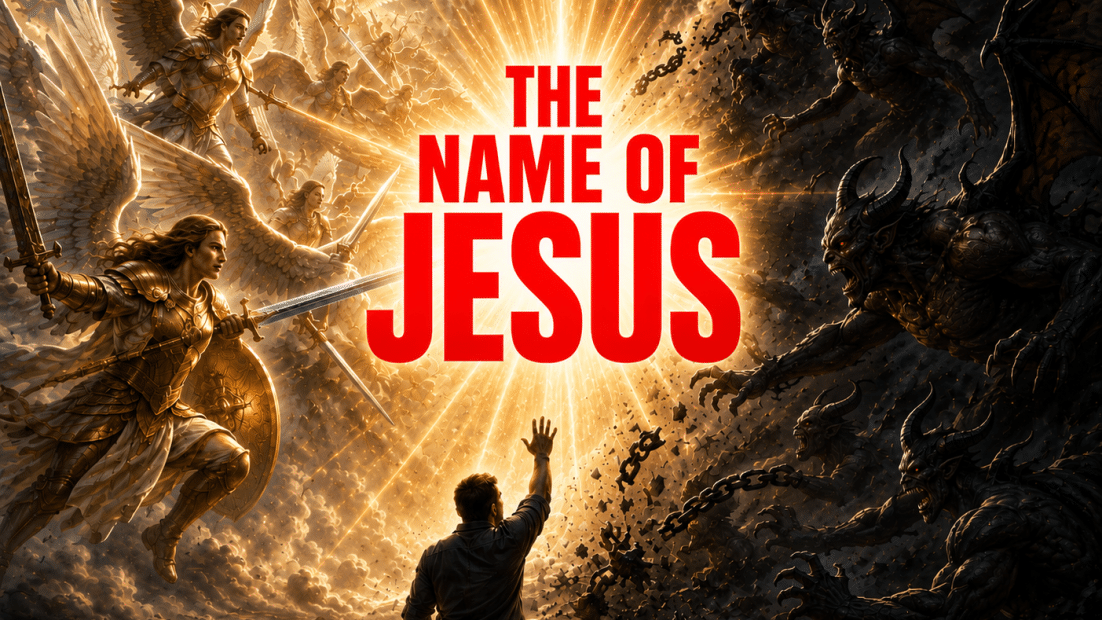 A man kneels with raised hand as gold-winged angels battle dark demons, with bright red text 'THE NAME OF JESUS' centered in the glow.