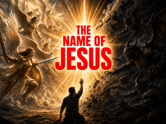 A man kneels with raised hand as gold-winged angels battle dark demons, with bright red text 'THE NAME OF JESUS' centered in the glow.