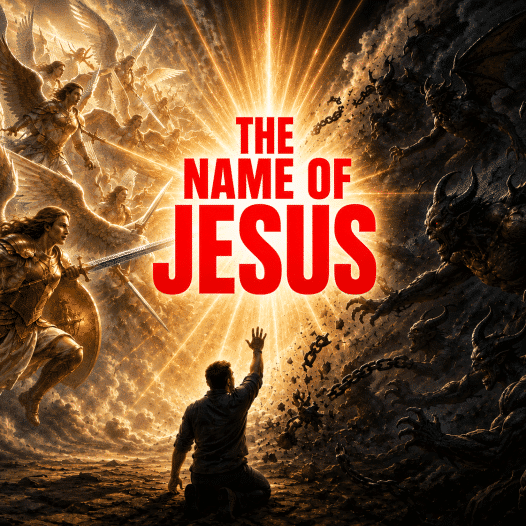 A man kneels with raised hand as gold-winged angels battle dark demons, with bright red text 'THE NAME OF JESUS' centered in the glow.